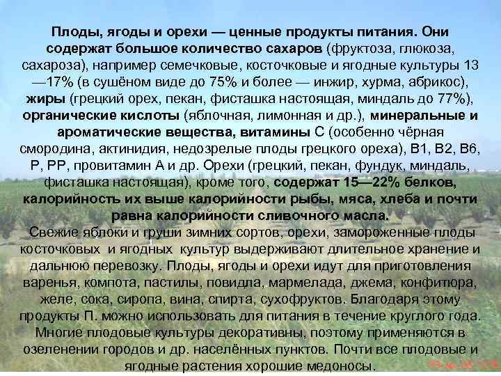  Плоды, ягоды и орехи — ценные продукты питания. Они содержат большое количество сахаров