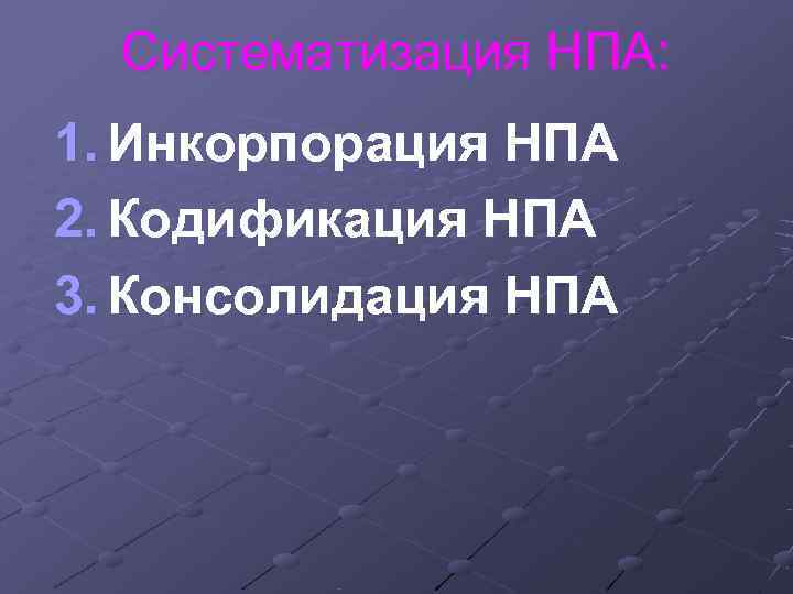 Систематизация НПА: 1. Инкорпорация НПА 2. Кодификация НПА 3. Консолидация НПА Систематизация НПА: 1. Инкорпорация НПА 2. Кодификация НПА 3. Консолидация НПА