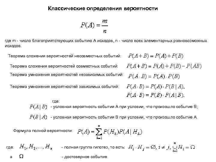      Классические определения вероятности где m - число благоприятствующих событию