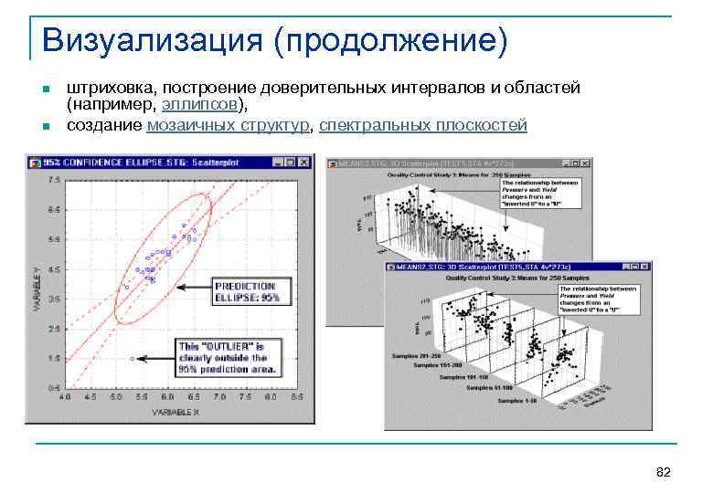 Визуализация (продолжение) n  штриховка, построение доверительных интервалов и областей (например, эллипсов), n 