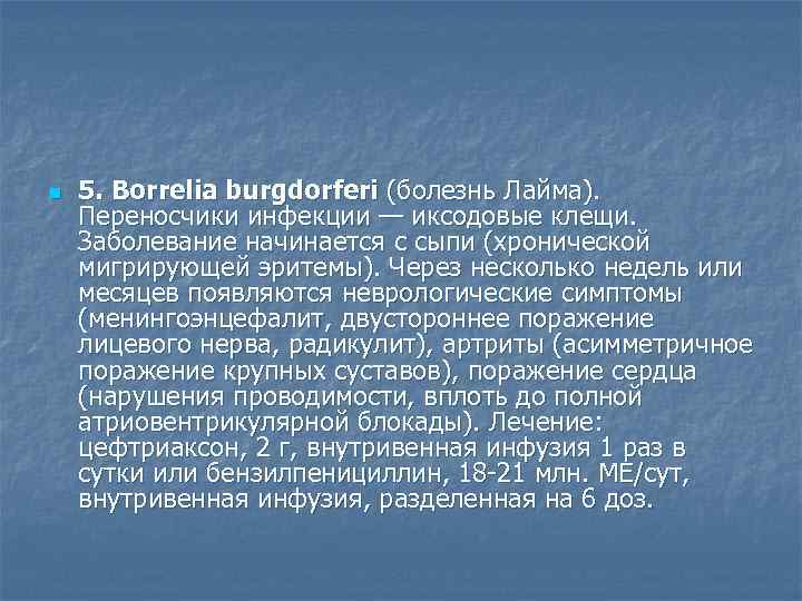n  5. Borrelia burgdorferi (болезнь Лайма).  Переносчики инфекции — иксодовые клещи. 