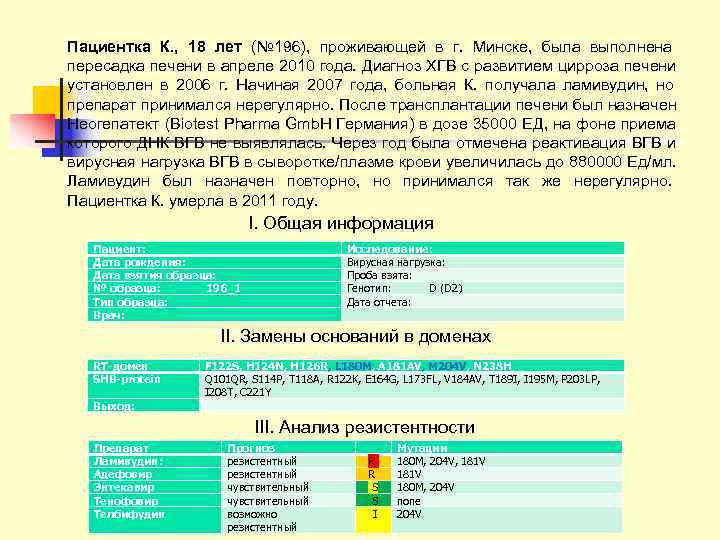 Пациентка К. , 18 лет (№ 196), проживающей в г. Минске, была выполнена пересадка