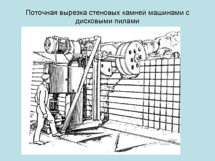 Поточная вырезка стеновых камней машинами с   дисковыми пилами 
