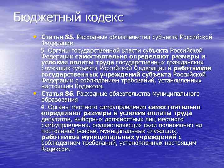 Бюджетный кодекс • Статья 85. Расходные обязательства субъекта Российской Федерации 5. Бюджетный кодекс • Статья 85. Расходные обязательства субъекта Российской Федерации 5.