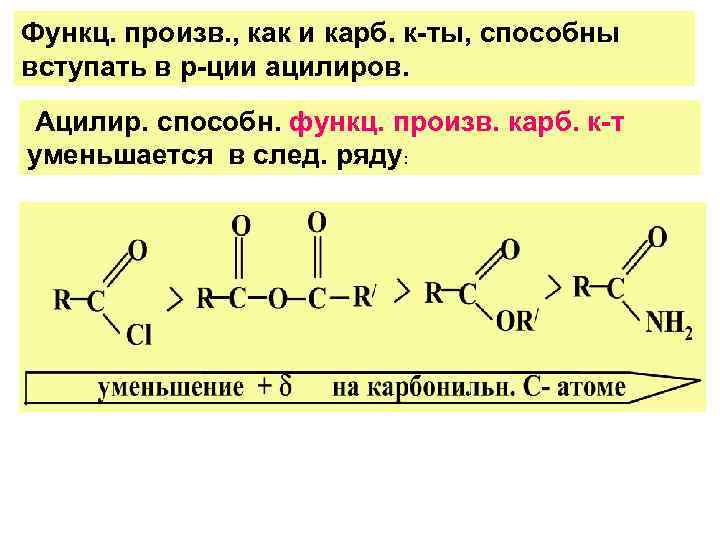 Функц. произв. , как и карб. к-ты, способны вступать в р-ции ацилиров. Ацилир. способн.