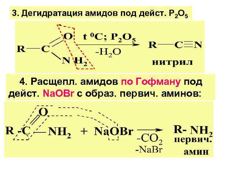 3. Дегидратация амидов под дейст. Р 2 О 5  4. Расщепл. амидов по