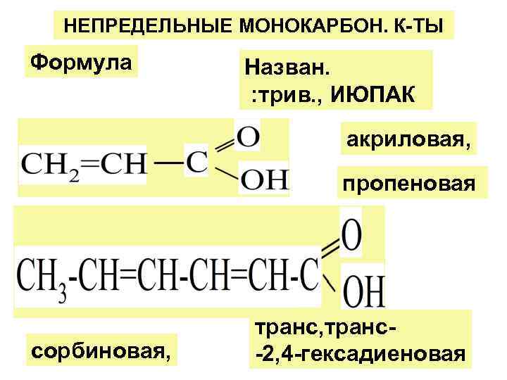  НЕПРЕДЕЛЬНЫЕ МОНОКАРБОН. К-ТЫ Формула  Назван.   : трив. , ИЮПАК 