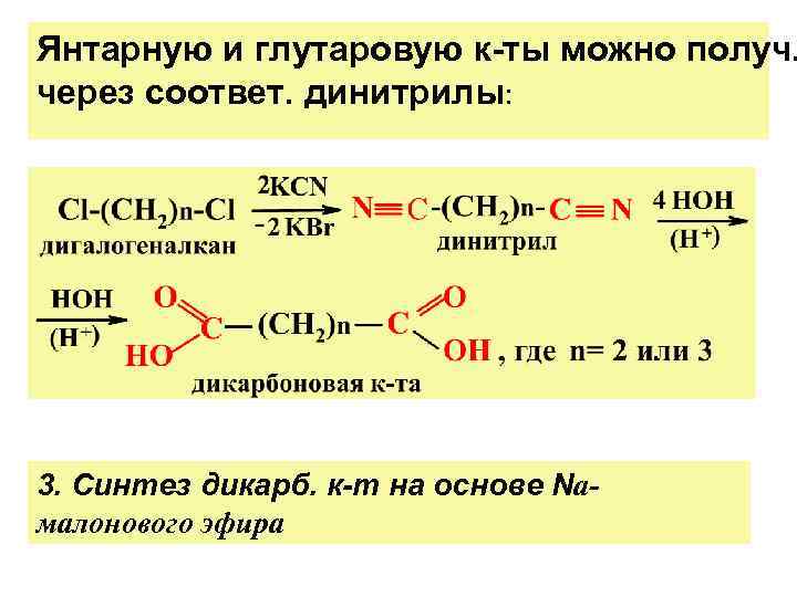 Дикарб. Получить янтарную кислоту. Динитрил янтарной кислоты. Синтез монокарбоновых кислот на основе малонового эфира. Янтарная кислота из этилена.