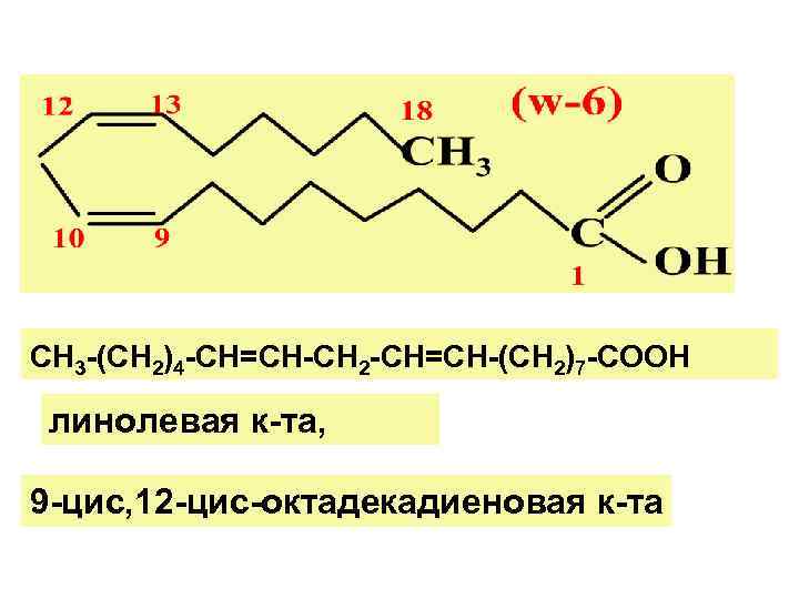 СН 3 -(СН 2)4 -СН=СН-СН 2 -СН=СН-(СН 2)7 -СООН  линолевая к-та,  9