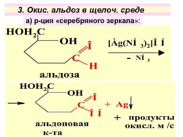 3. Окис. альдоз в щелоч. среде а) р-ция «серебряного зеркала» : 