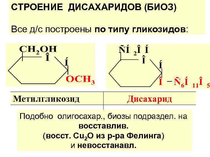 СТРОЕНИЕ ДИСАХАРИДОВ (БИОЗ) Все д/с построены по типу гликозидов: Метилгликозид   Дисахарид Подобно