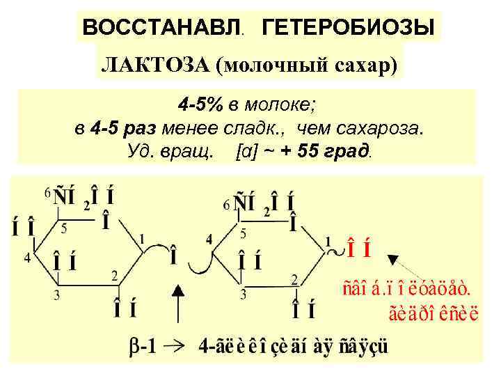 ВОССТАНАВЛ. ГЕТЕРОБИОЗЫ  ЛАКТОЗА (молочный сахар)   4 -5% в молоке; в 4