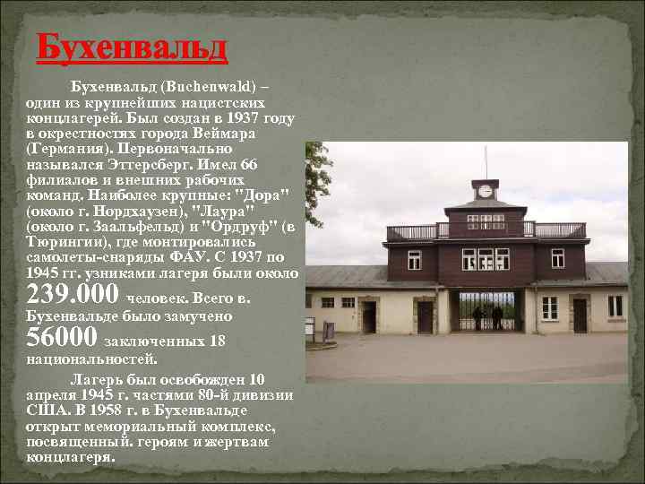  Бухенвальд (Buchenwald) – один из крупнейших нацистских концлагерей. Был создан в 1937 году