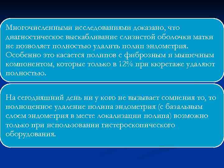 Многочисленными исследованиями доказано, что диагностическое выскабливание слизистой оболочки матки не позволяет полностью удалить полип