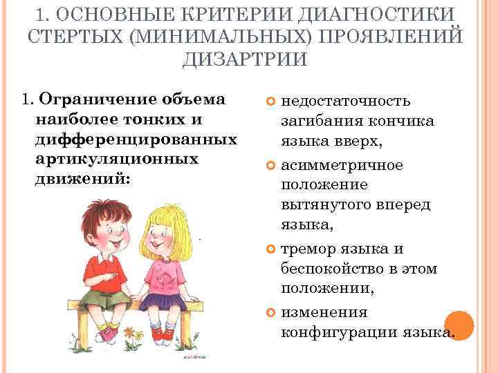  1. ОСНОВНЫЕ КРИТЕРИИ ДИАГНОСТИКИ СТЕРТЫХ (МИНИМАЛЬНЫХ) ПРОЯВЛЕНИЙ   ДИЗАРТРИИ 1. Ограничение объема