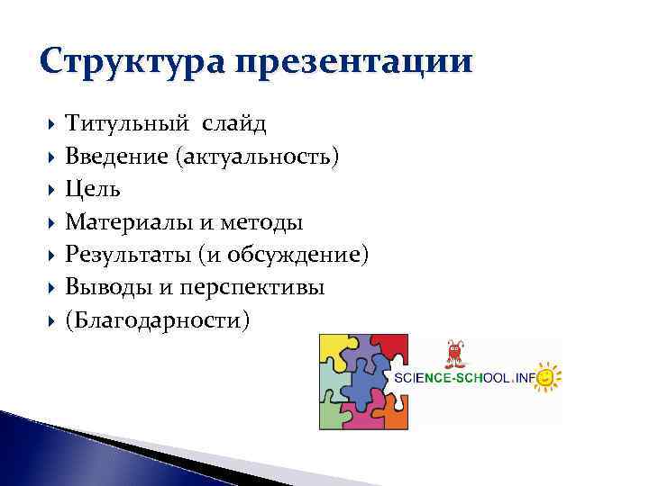 Структура презентации Титульный слайд Введение (актуальность) Цель Материалы и методы Результаты (и обсуждение) Выводы Структура презентации Титульный слайд Введение (актуальность) Цель Материалы и методы Результаты (и обсуждение) Выводы