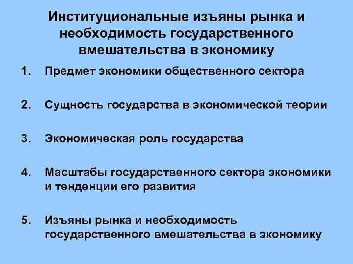  Институциональные изъяны рынка и  необходимость государственного   вмешательства в экономику 1.