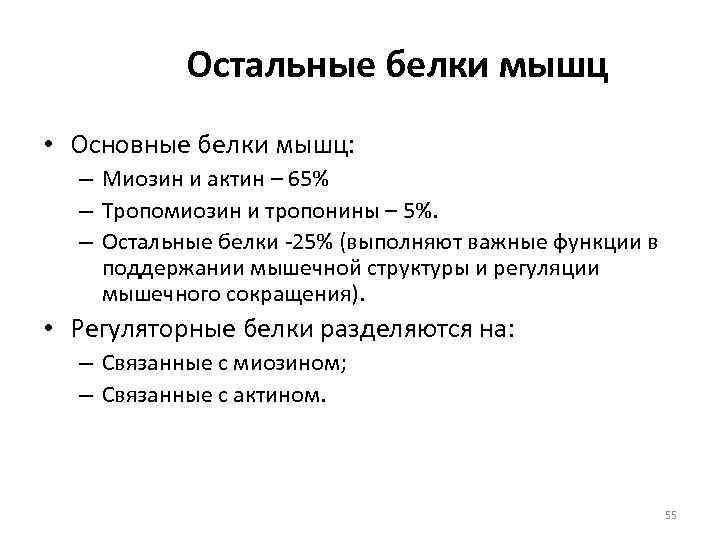   Остальные белки мышц • Основные белки мышц:  – Миозин и актин