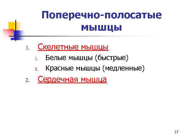    Поперечно-полосатые   мышцы 1. Скелетные мышцы 1.  Белые мышцы