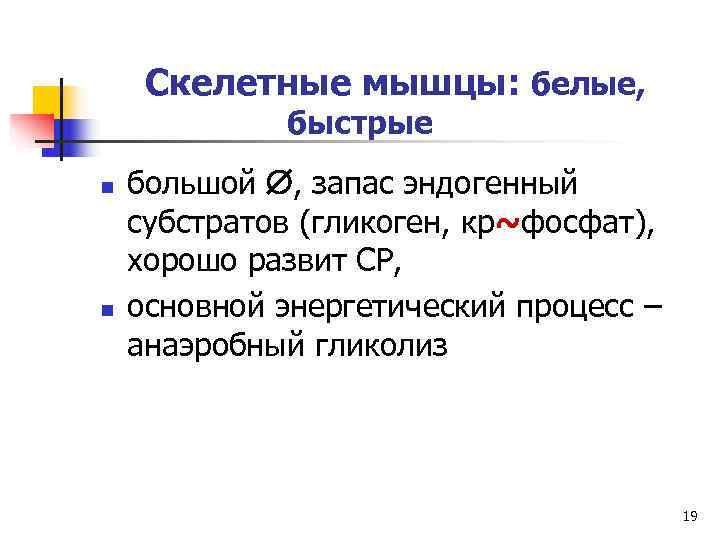  Скелетные мышцы: белые,    быстрые n  большой , запас эндогенный