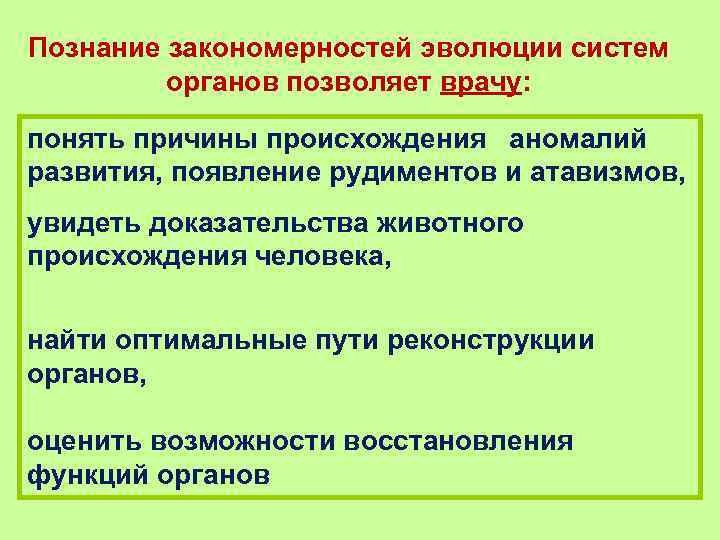 Познание закономерностей эволюции систем   органов позволяет врачу:  понять причины происхождения аномалий