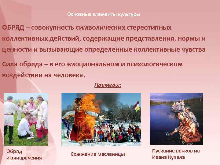    Основные элементы культуры ОБРЯД – совокупность символических стереотипных коллективных действий, содержащие