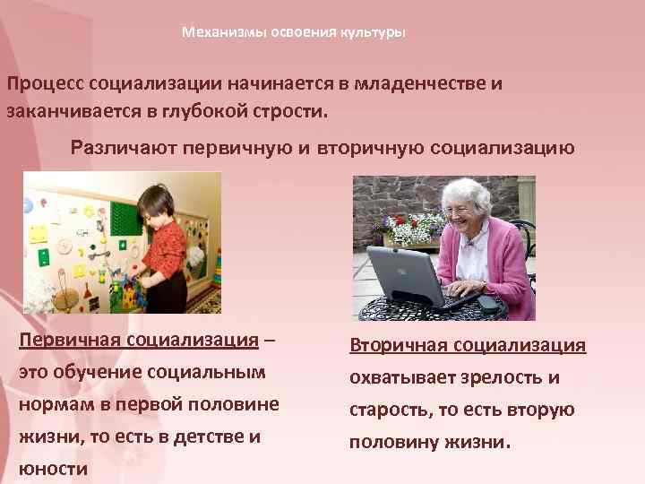    Механизмы освоения культуры  Процесс социализации начинается в младенчестве и заканчивается