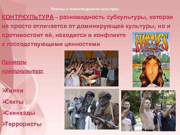     Формы и разновидности культуры КОНТРКУЛЬТУРА – разновидность субкультуры, которая не