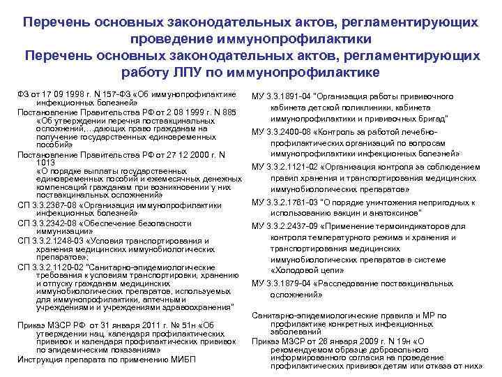  Перечень основных законодательных актов, регламентирующих    проведение иммунопрофилактики Перечень основных законодательных