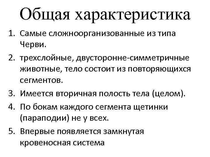  Общая характеристика 1. Самые сложноорганизованные из типа Черви. 2. трехслойные, двусторонне симметричные животные,