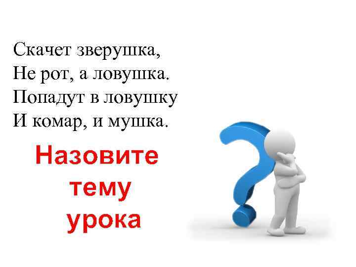 Скачет зверушка, Не рот, а ловушка. Попадут в ловушку И комар, и мушка. 