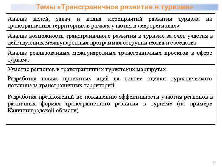 Анализ целей,  задач и плана мероприятий развития туризма на трансграничных территориях в рамках