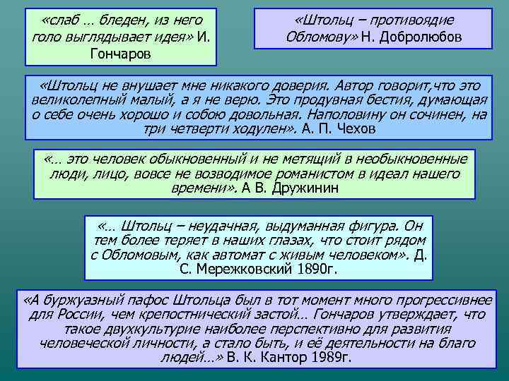   «слаб … бледен, из него   «Штольц – противоядие голо выглядывает