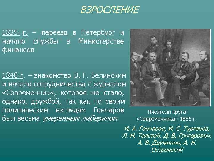      ВЗРОСЛЕНИЕ 1835 г. – переезд в Петербург и начало