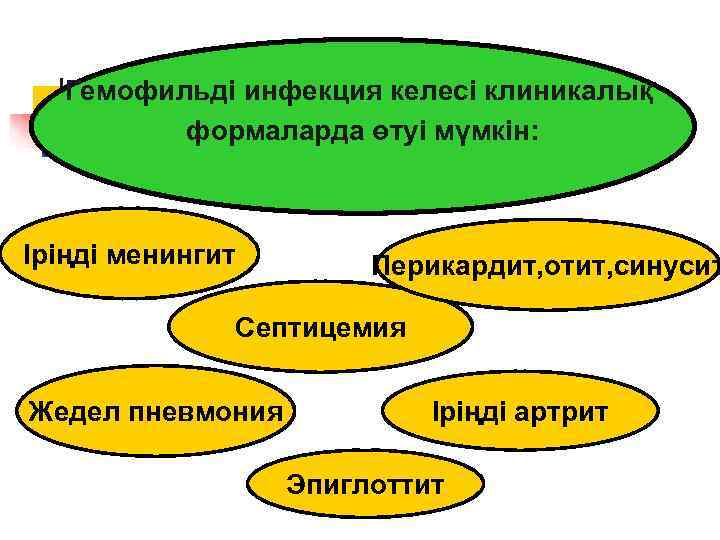  Гемофильді инфекция келесі клиникалық   формаларда өтуі мүмкін: Іріңді менингит  Перикардит,