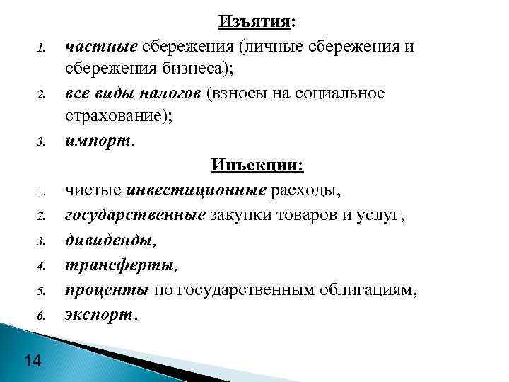      Изъятия:  1.  частные сбережения (личные сбережения и