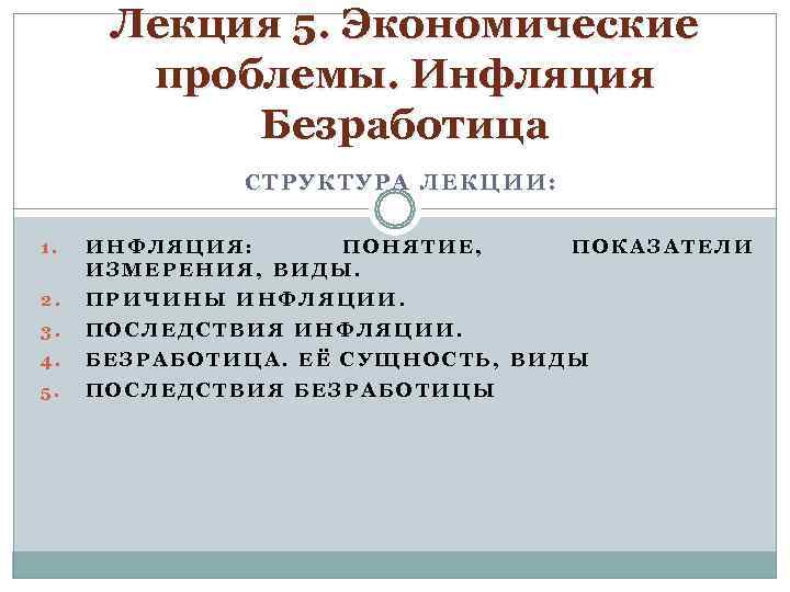  Лекция 5. Экономические  проблемы. Инфляция  Безработица    СТРУКТУРА ЛЕКЦИИ: