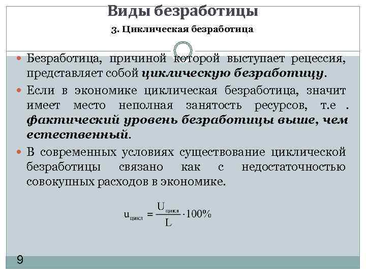    Виды безработицы    3. Циклическая безработица Безработица, причиной которой