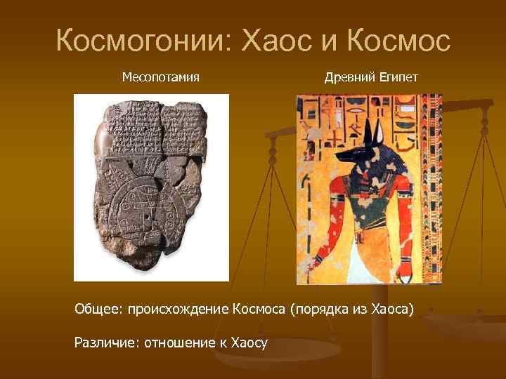 Космогонии: Хаос и Космос  Месопотамия   Древний Египет Общее: происхождение Космоса (порядка