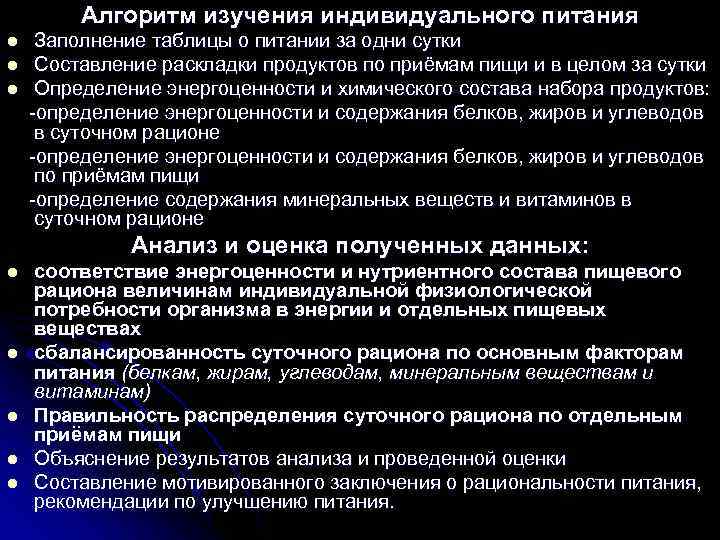    Алгоритм изучения индивидуального питания l  Заполнение таблицы о питании за