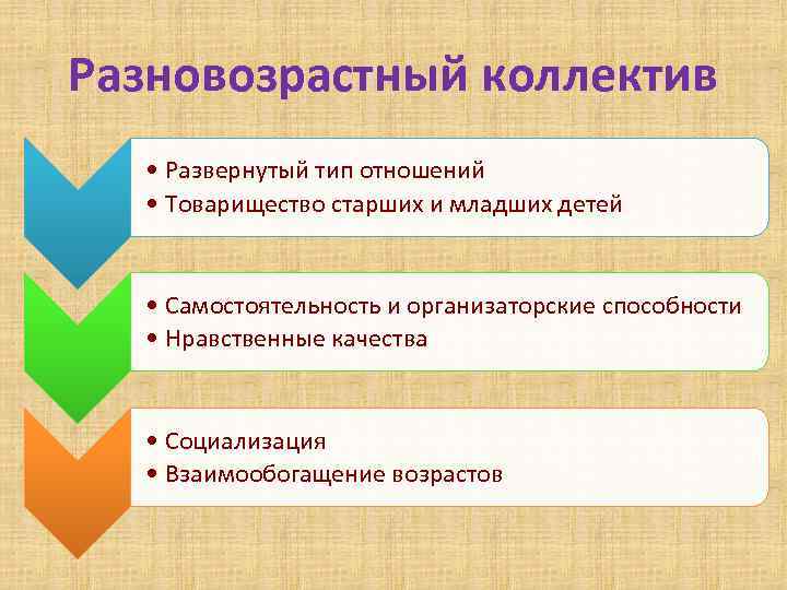 Разновозрастный коллектив  • Развернутый тип отношений  • Товарищество старших и младших детей