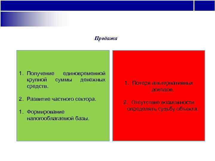       Продажа 1. Получение  единовременной  крупной 