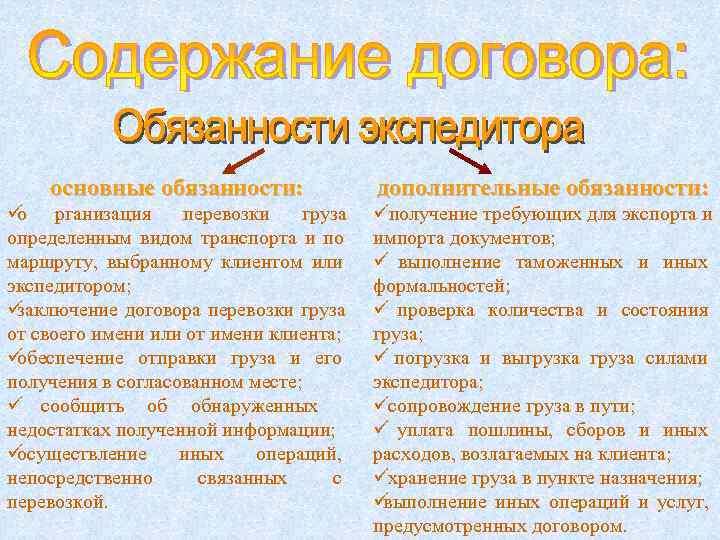   основные обязанности:   дополнительные обязанности: üо рганизация перевозки груза  ü