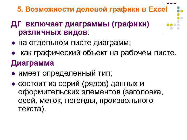  5. Возможности деловой графики в Excel ДГ включает диаграммы (графики)  различных видов: