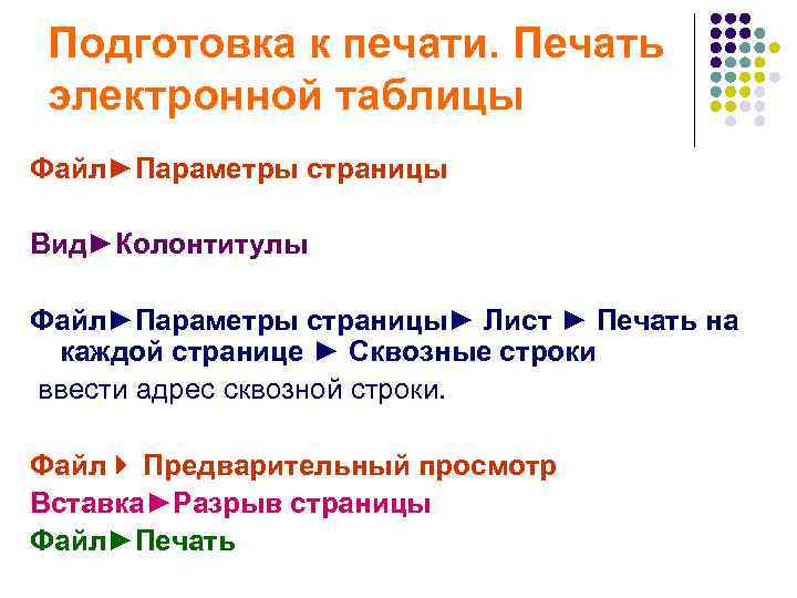  Подготовка к печати. Печать  электронной таблицы Файл►Параметры страницы Вид►Колонтитулы  Файл►Параметры страницы►