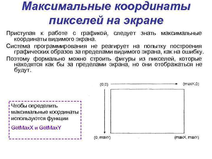  Максимальные координаты   пикселей на экране Приступая к работе с графикой, следует