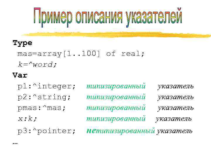 Type mas=array[1. . 100] of real;  k=^word; Var p 1: ^integer; типизированный 