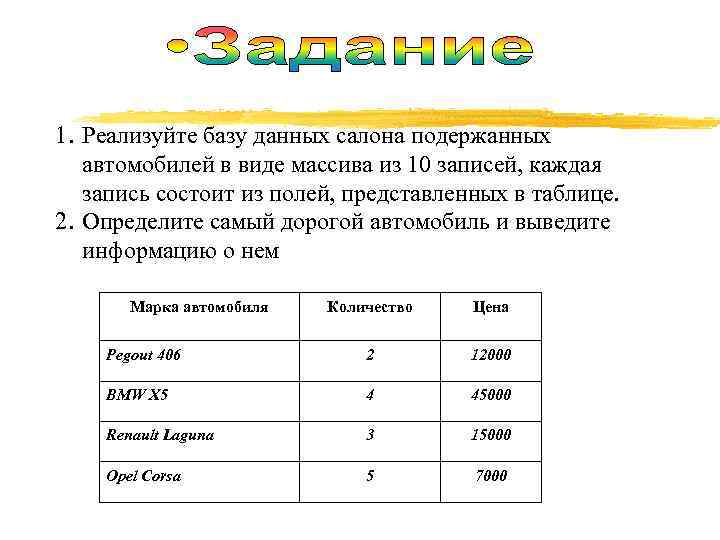 1. Реализуйте базу данных салона подержанных  автомобилей в виде массива из 10 записей,