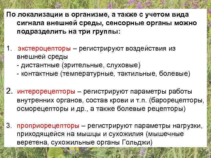 По локализации в организме, а также с учетом вида  сигнала внешней среды, сенсорные