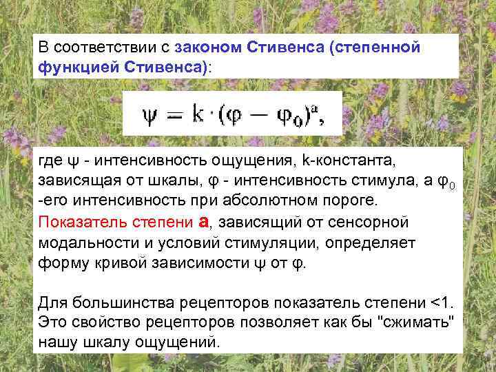 В соответствии с законом Стивенса (степенной функцией Стивенса): где ψ - интенсивность ощущения, k-константа,